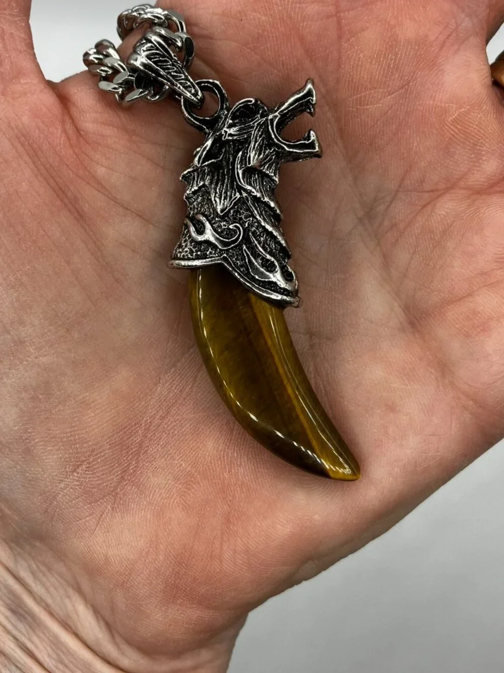 Tiger Eye Gemstone Tusk AND Men's Chunky 20 inch Stainless Steel Chain